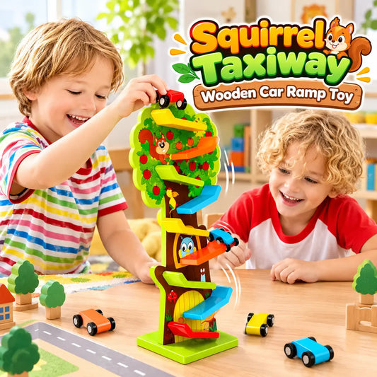 Squirrel Taxiway Wooden Car Ramp Toy with Rolling Cars for Kids