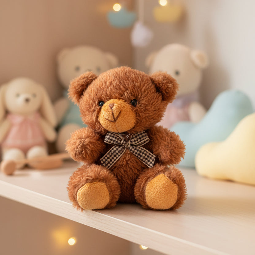 Brown teddy bear with a checkered ribbon on a wooden surface