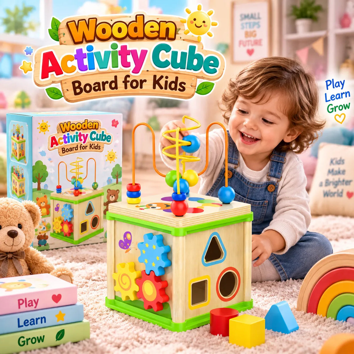 Wooden Activity Cube Board for Kids with Bead Maze, Gears and Shape Sorting Activities