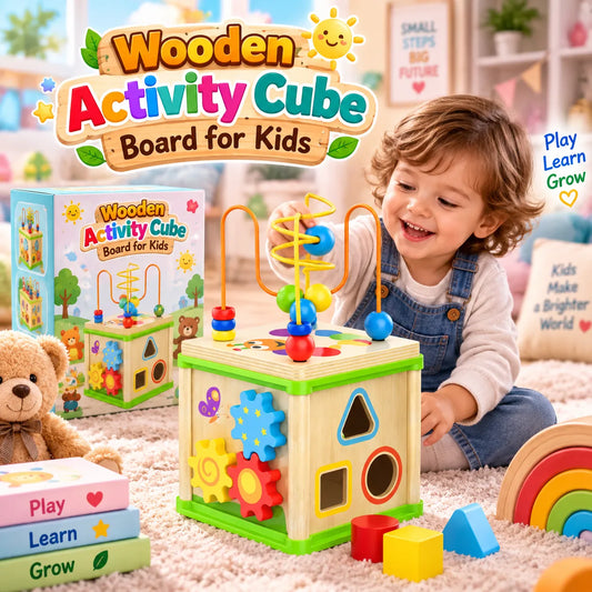 Wooden Activity Cube Board for Kids with Bead Maze, Gears and Shape Sorting Activities