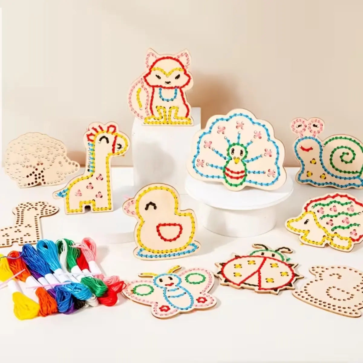 DIY Wooden Animal Cross Stitch Embroidery Kit with Colorful Threads for Kids