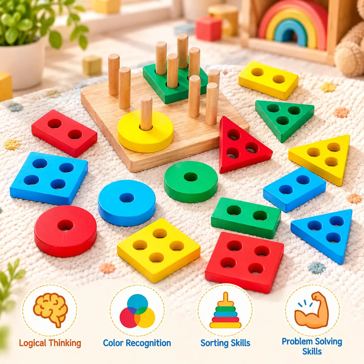 Wooden Geometric Shape Matching Blocks For Kids (2025-56)