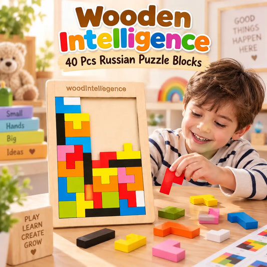 Wooden Intelligence 40-piece Russian puzzle blocks with colorful geometric pieces