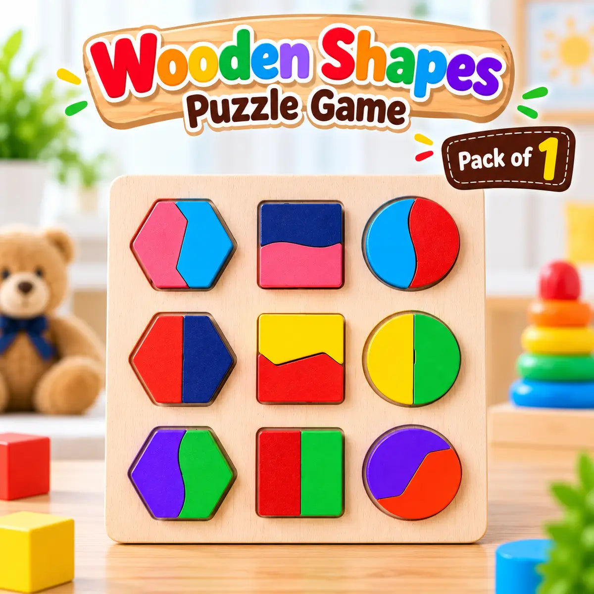 Wooden puzzle shapes educational toy with colorful shape matching boards for kids
