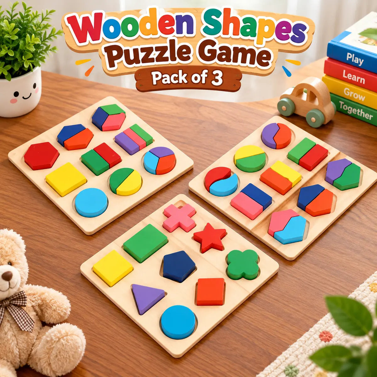Wooden puzzle shapes educational toy with colorful shape matching boards for kids