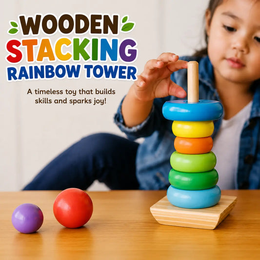 Wooden Stacking Rainbow Tower Toy with Colorful Rings for Kids