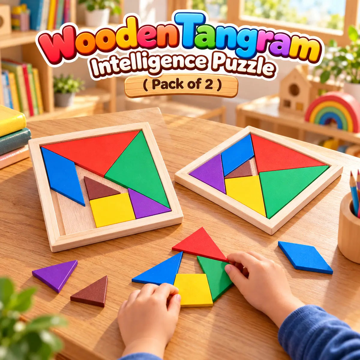 Wooden Tangram Intelligence Puzzle with Colorful Geometric Shapes for Kids
