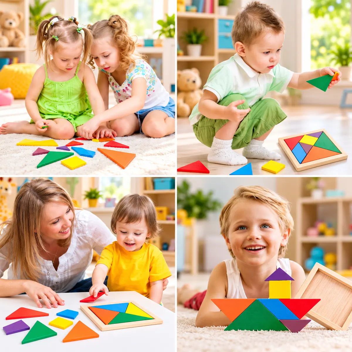 Wooden Tangram Intelligence Puzzle with Colorful Geometric Shapes for Kids