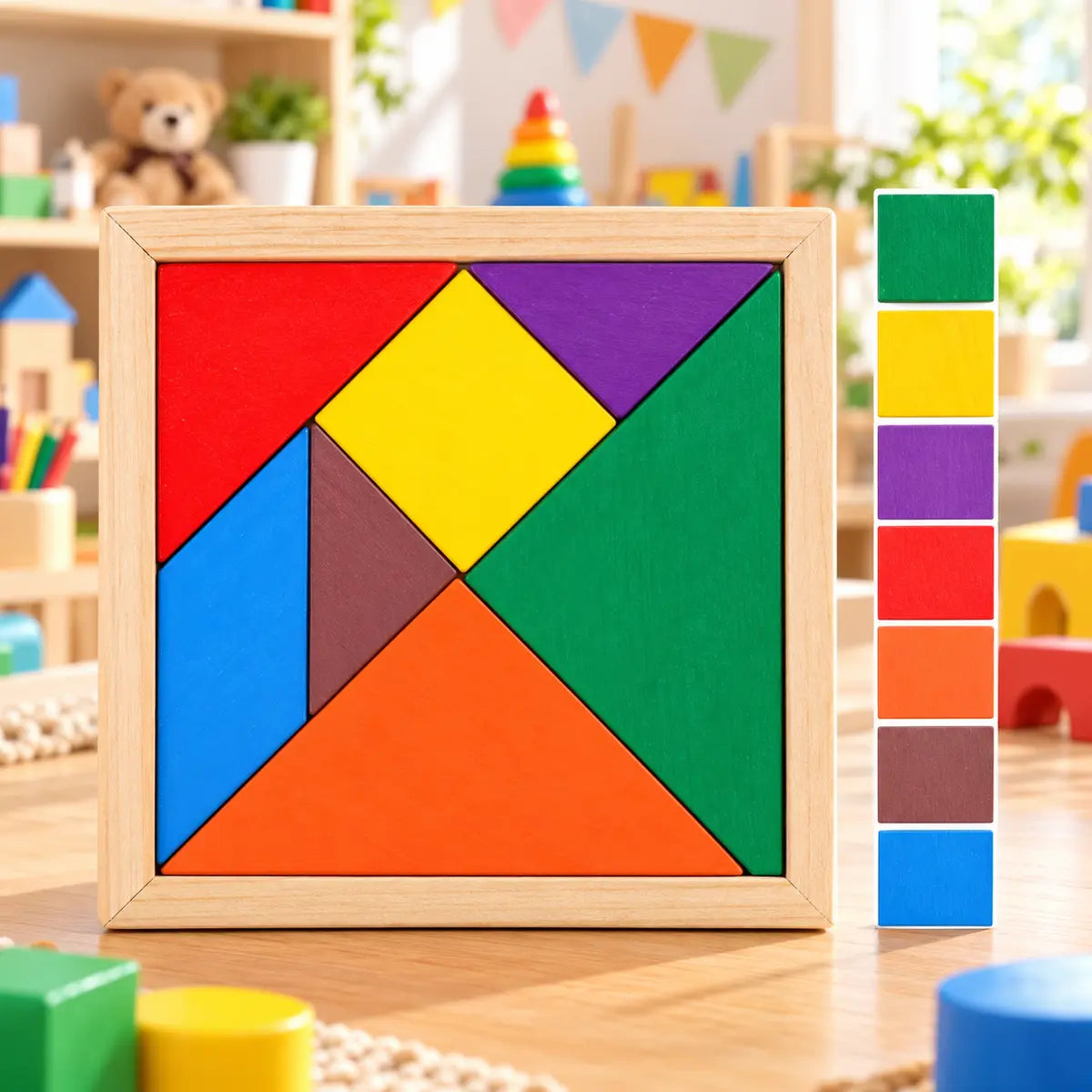 Wooden Tangram Intelligence Puzzle with Colorful Geometric Shapes for Kids