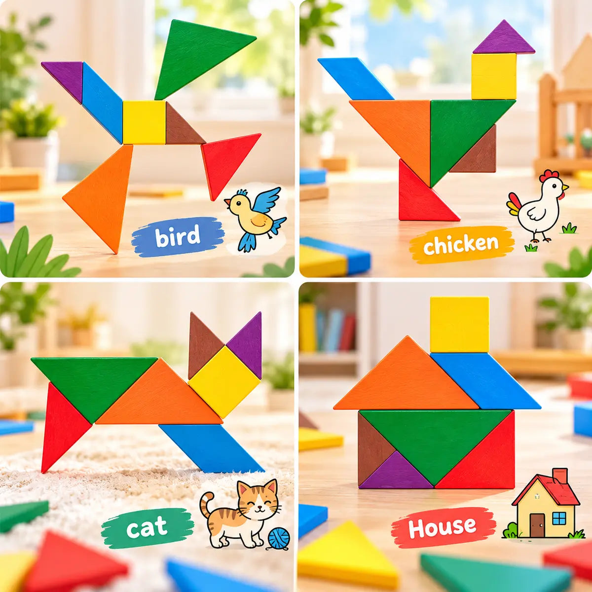 Wooden Tangram Intelligence Puzzle with Colorful Geometric Shapes for Kids