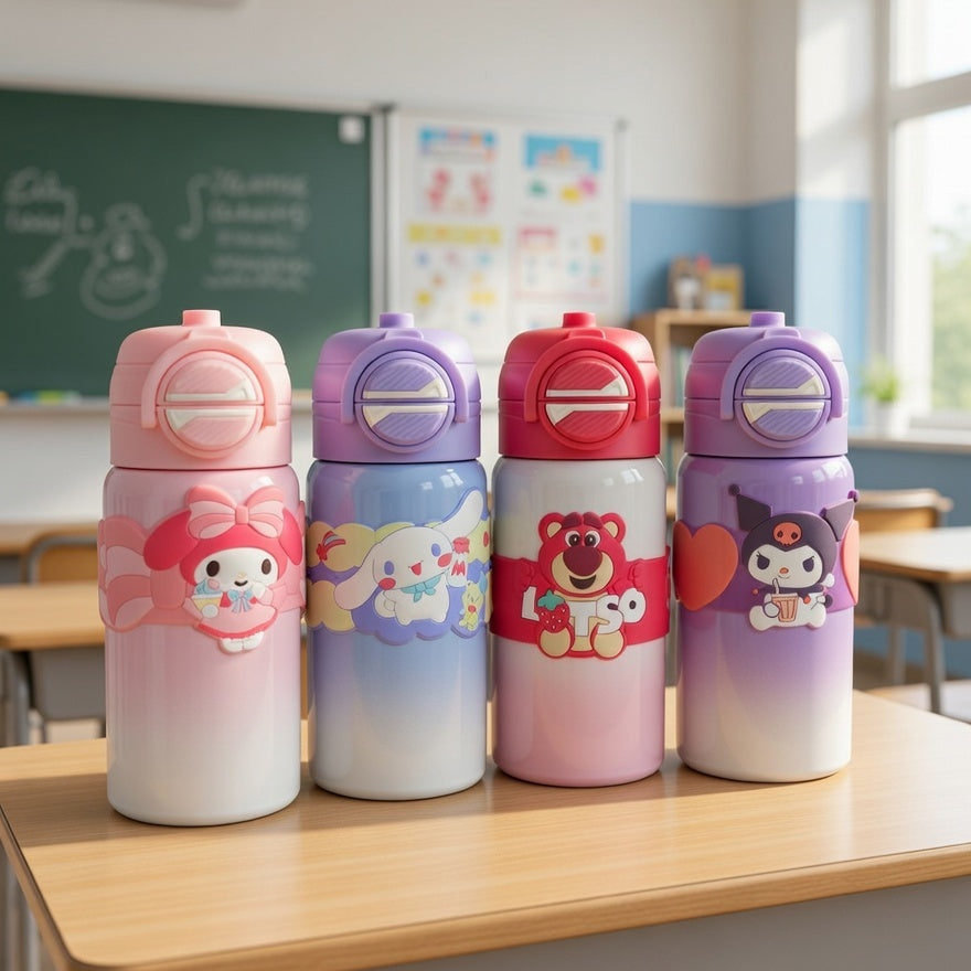 Four colorful water bottles with cartoon designs on a classroom desk.