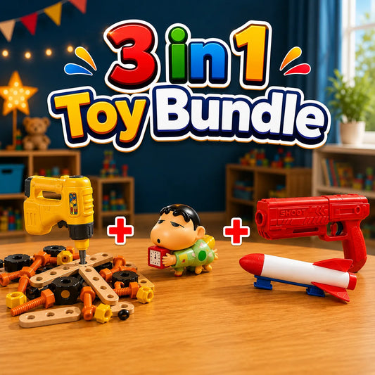 3-in-1 Kids Fun & Adventure Toy Bundle with Drill, Figure and Foam Rocket
