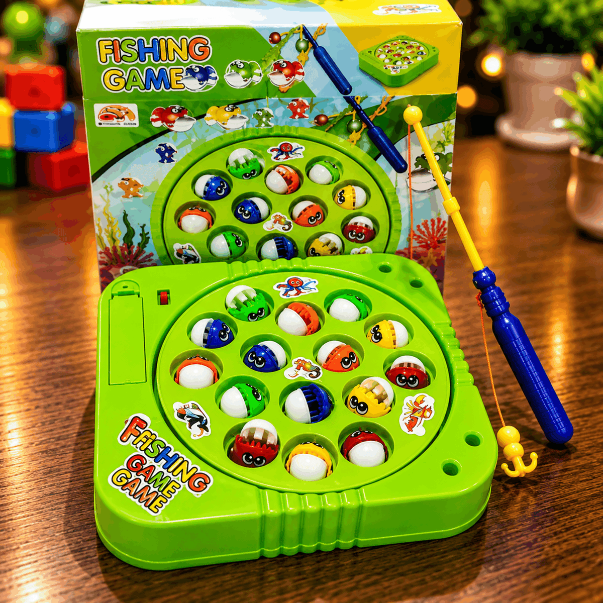 Battery-Operated Rotating Fishing Game Toy with 15 Colorful Fish