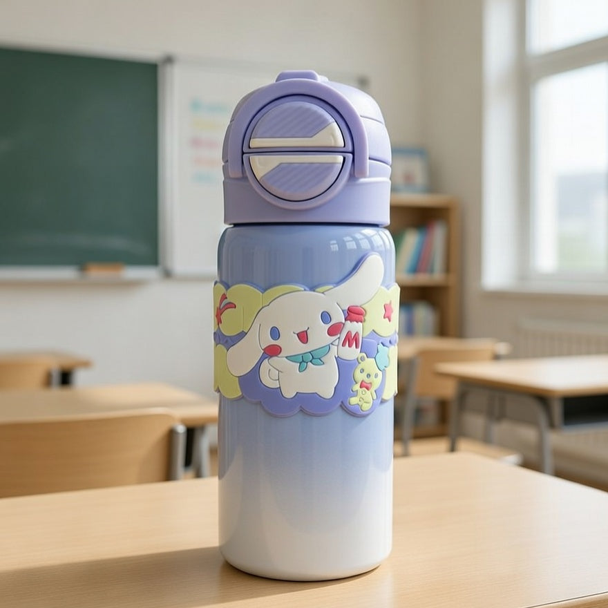 Colorful water bottle with cartoon design on a classroom desk