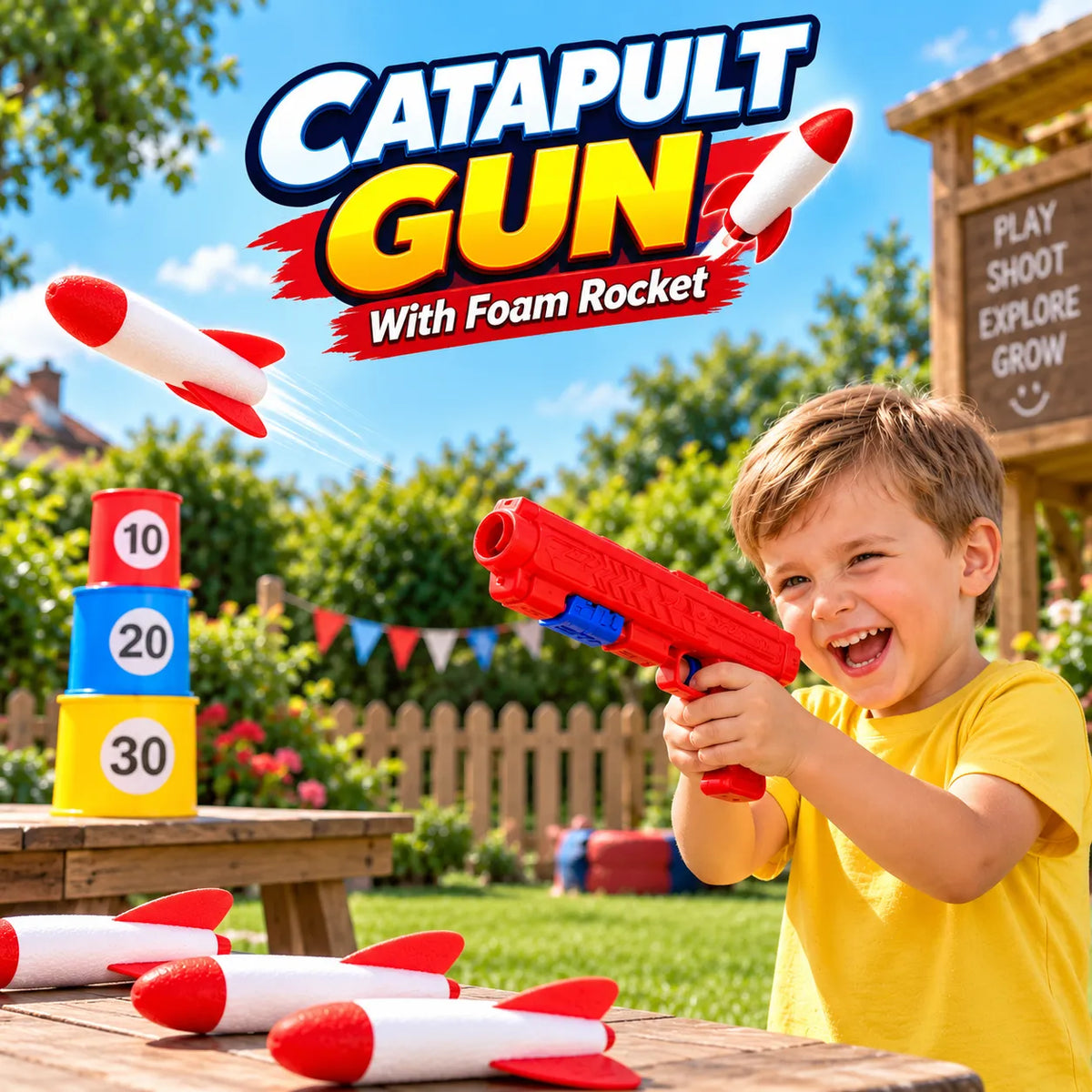 Catapult Foam Rocket Launcher Toy with Soft Rockets for Kids