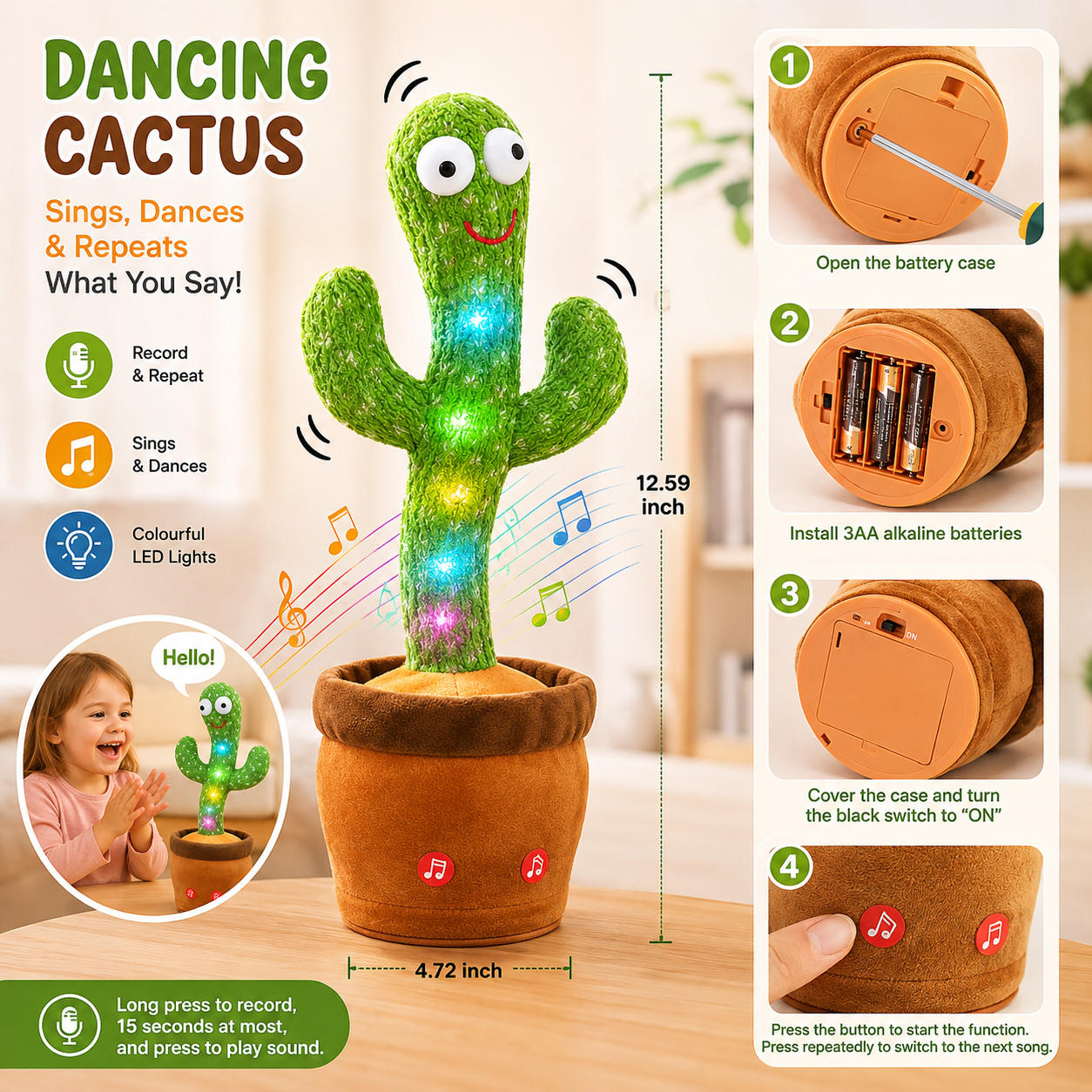 Dancing Talking Cactus Toy Rechargeable Interactive Musical Toy for Kids