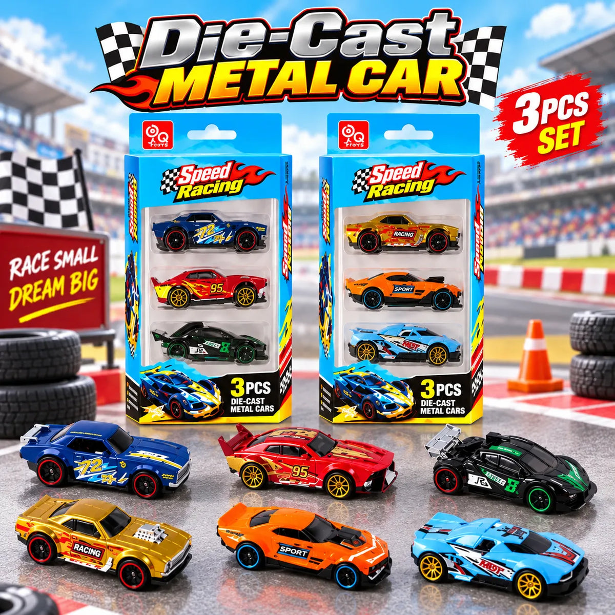 3 Pcs Die-Cast Metal Racing Cars Set for Kids