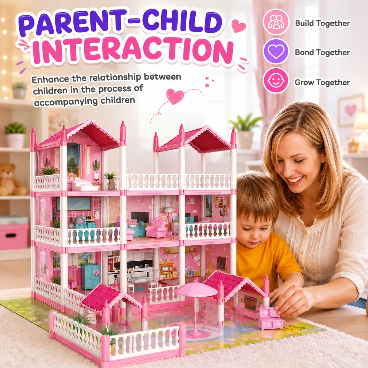 DIY Dreamy Pink Dollhouse Villa Multi Story Playset for Kids