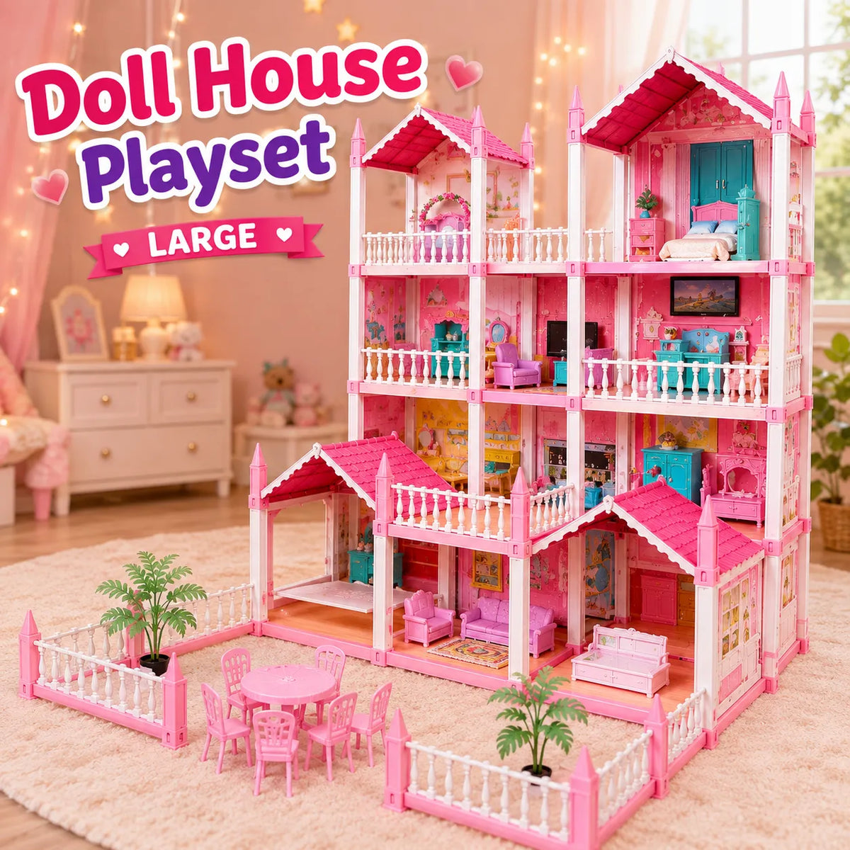 DIY Dreamy Pink Dollhouse Villa Multi Story Playset for Kids