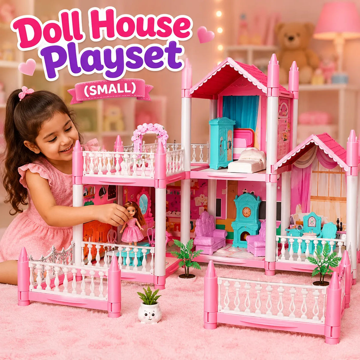 DIY Dreamy Pink Dollhouse Villa Multi Story Playset for Kids