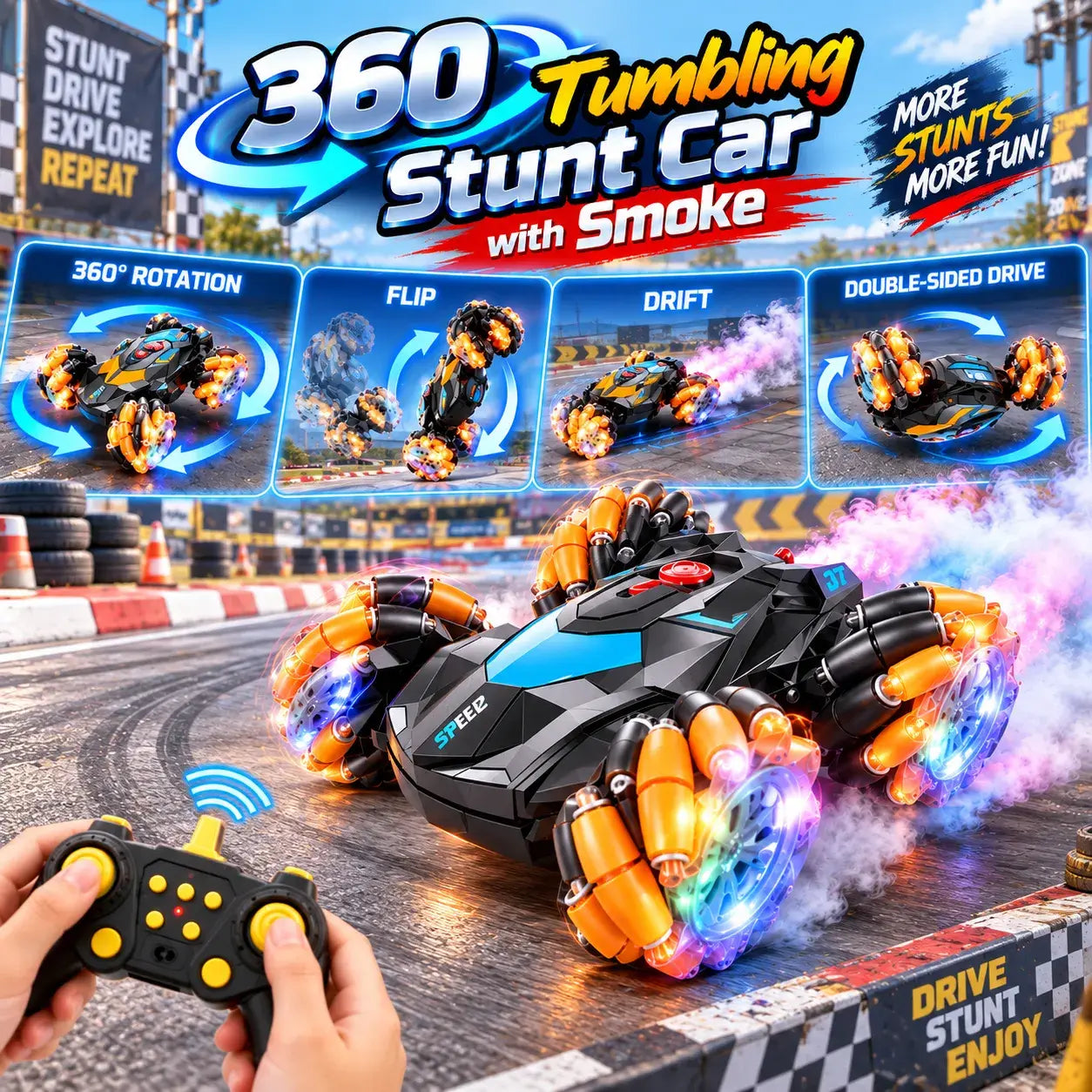 Double-Sided Tumbling Stunt RC Car with Smoke Effect and Remote Control