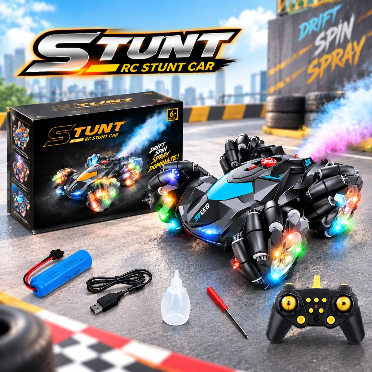 Double-Sided Tumbling Stunt RC Car with Smoke Effect and Remote Control