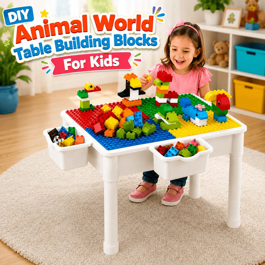 DIY Animal World building blocks for kids with colorful animal figures.
