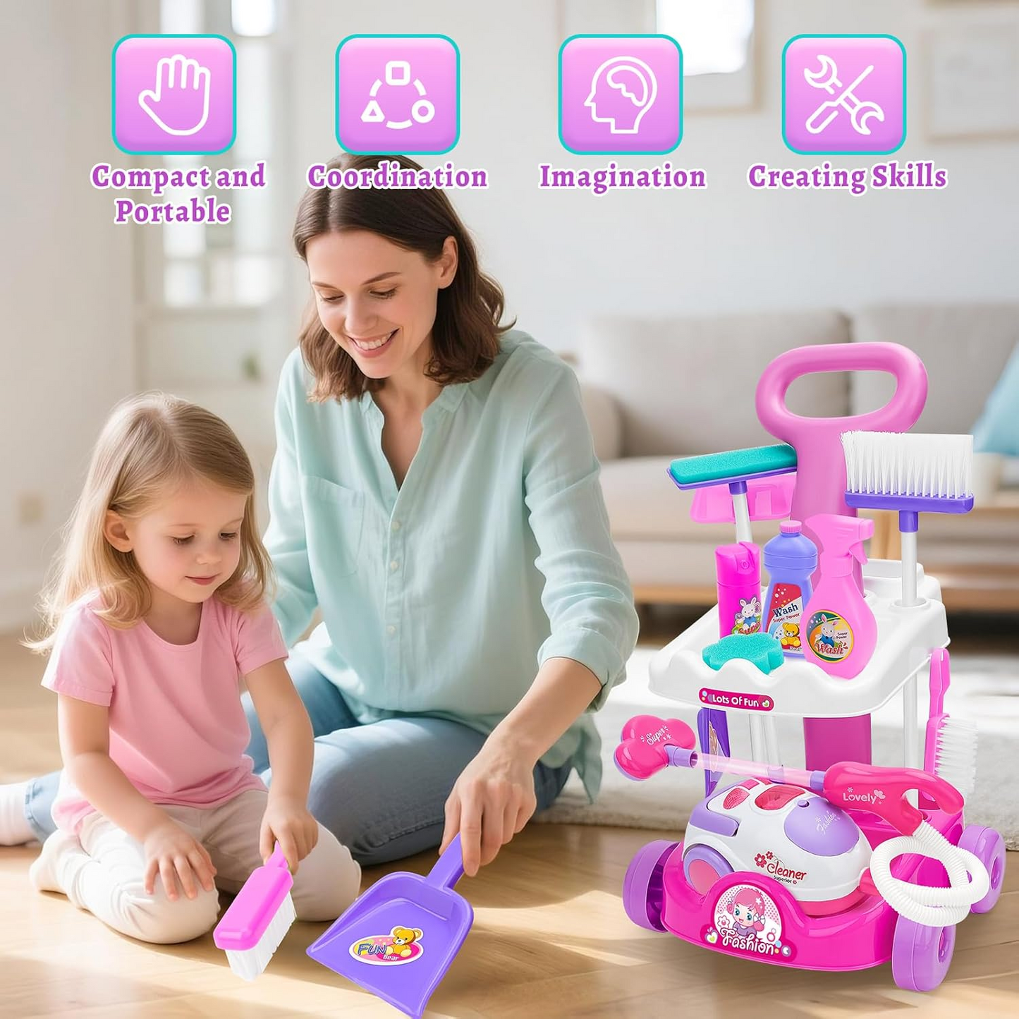 Mini Pretend Play Housekeeping Cleaning Trolley Set for Kids (666-86)
