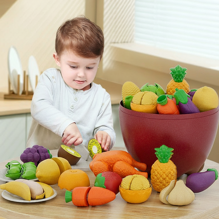 Child playing with toy fruits and vegetables on a table, with Safe material