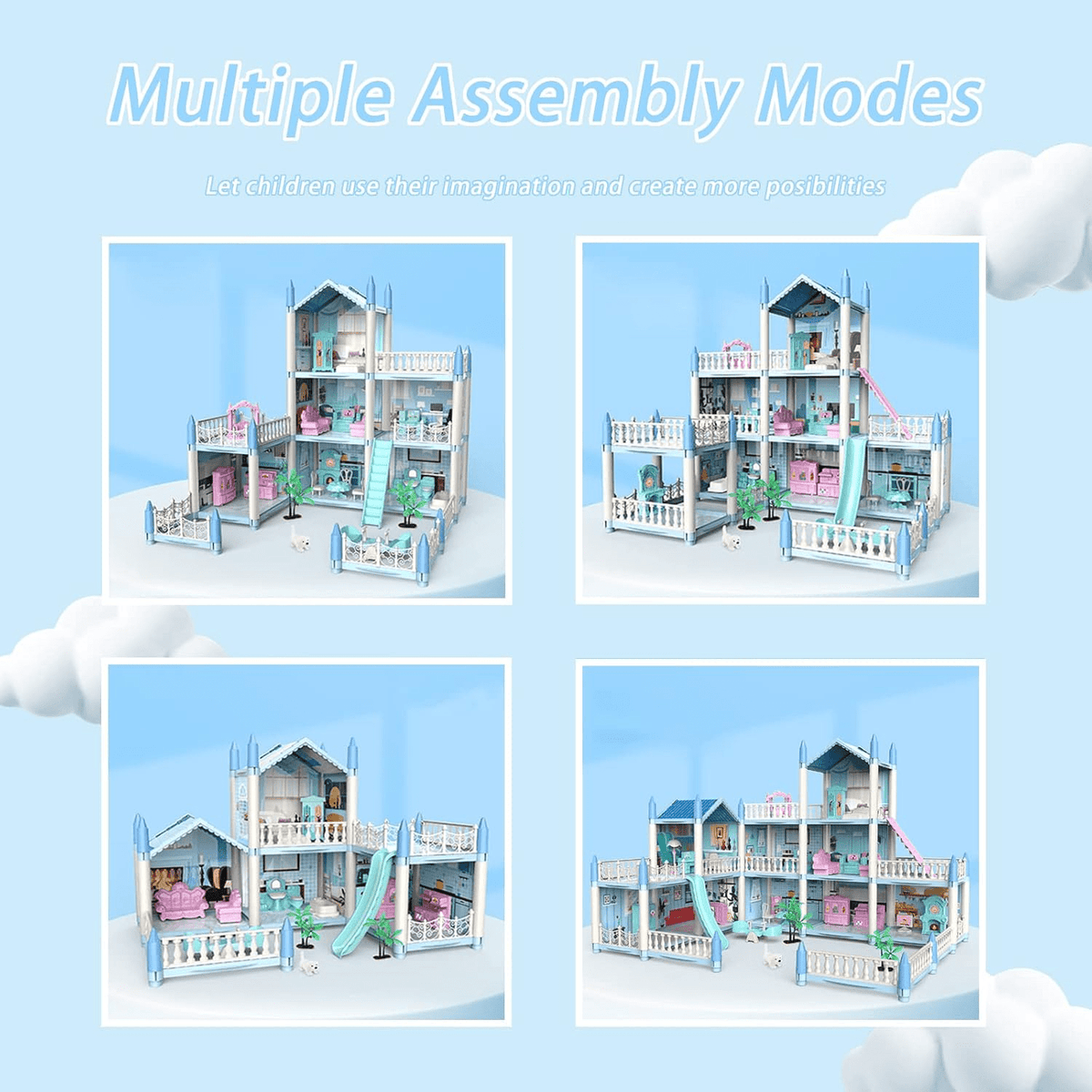 DIY Doll House Villa Set For Kids - Blue