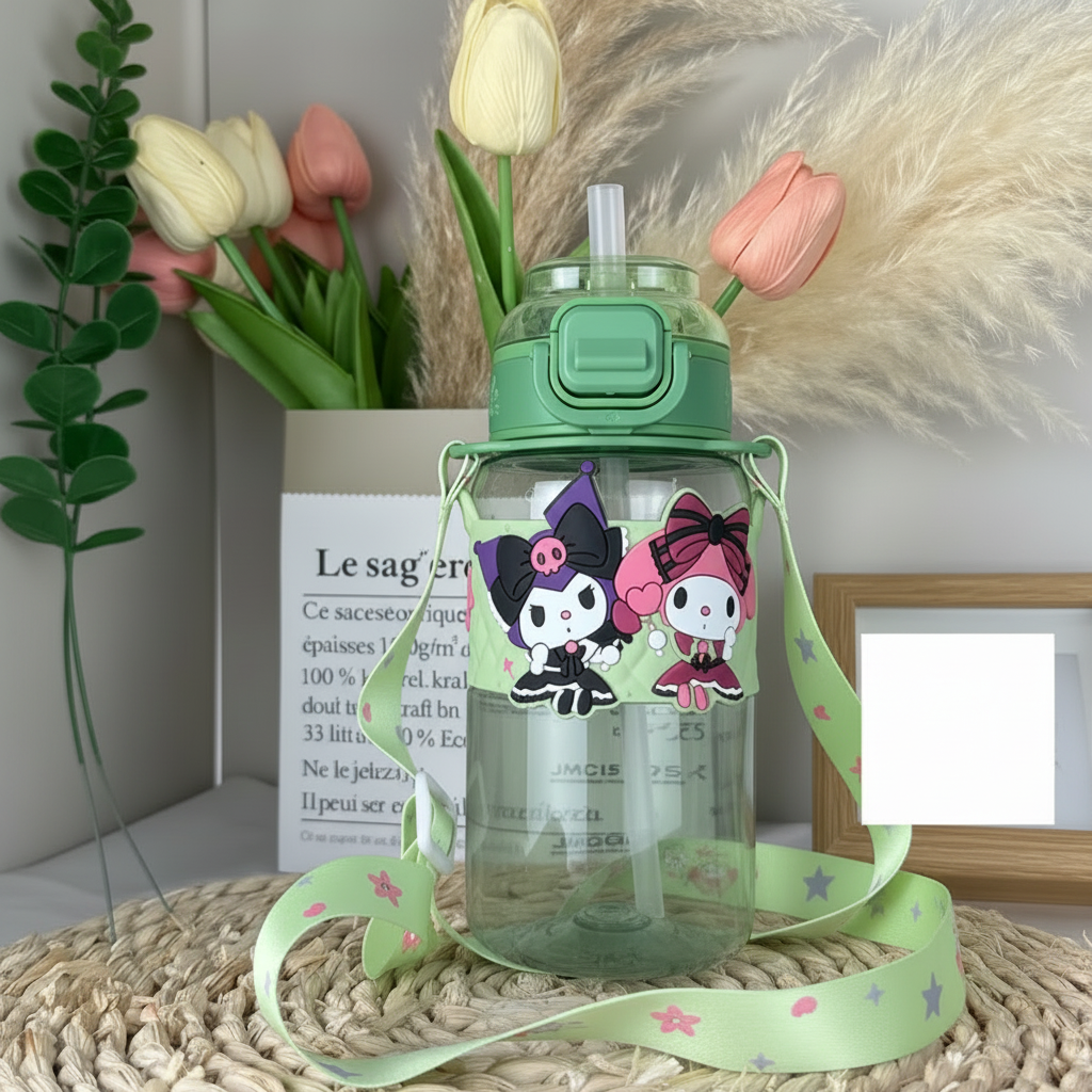 Straw Water Bottle with Pop-Up Lid & Strap (029-52)