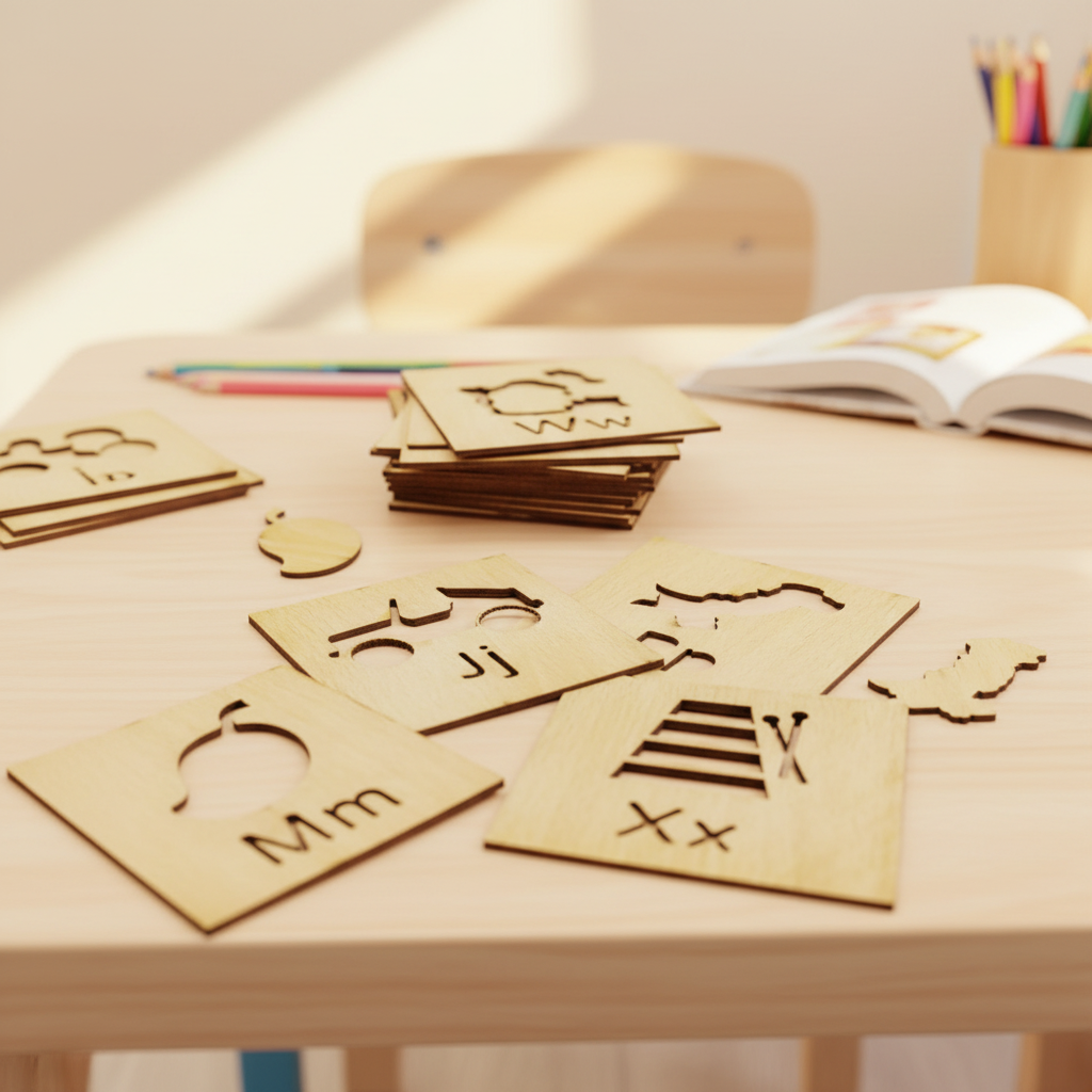 3-in-1 Wooden Urdu, English Alphabet & Numbers Stencils Set