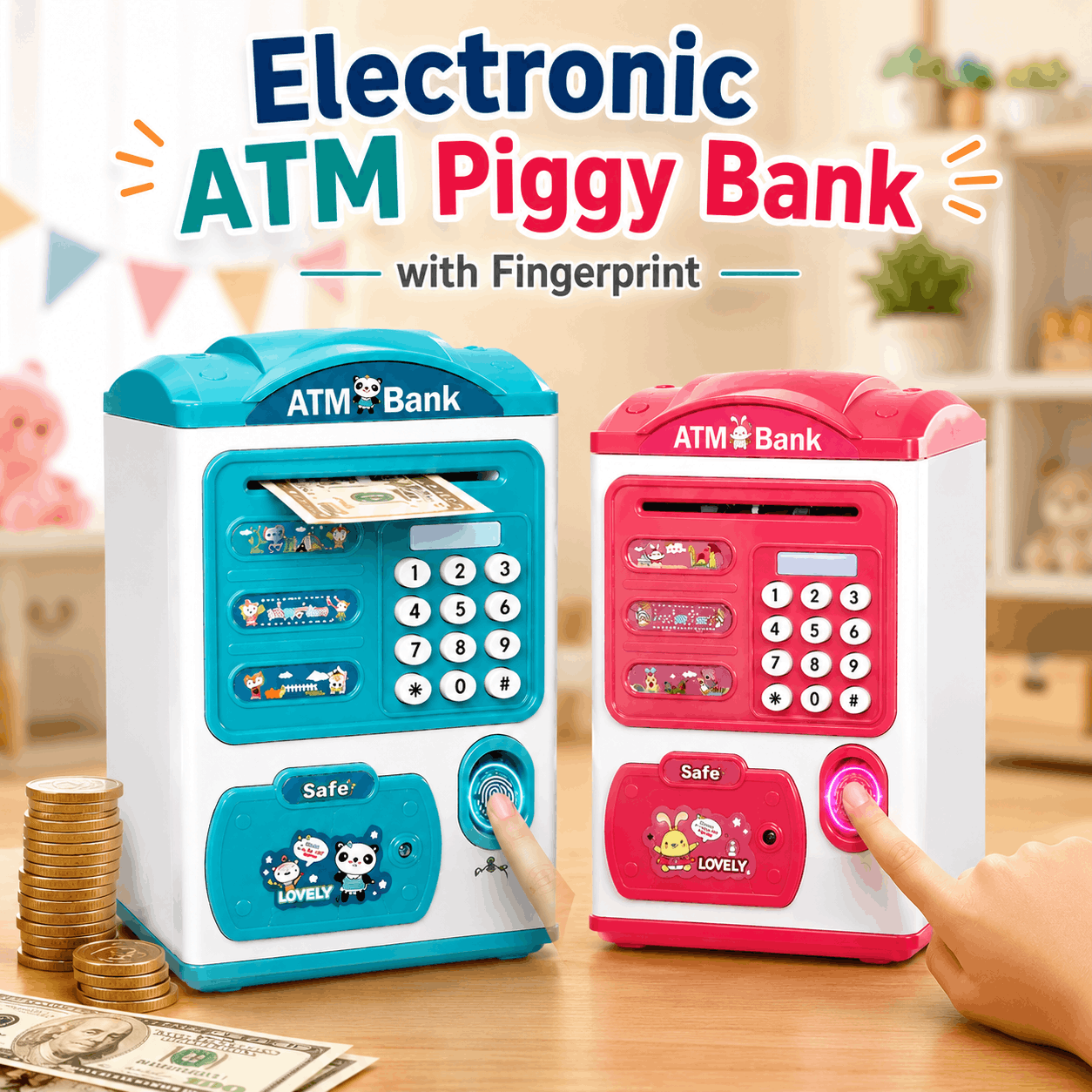 Electronic ATM Piggy Bank with Fingerprint and Keypad for Kids