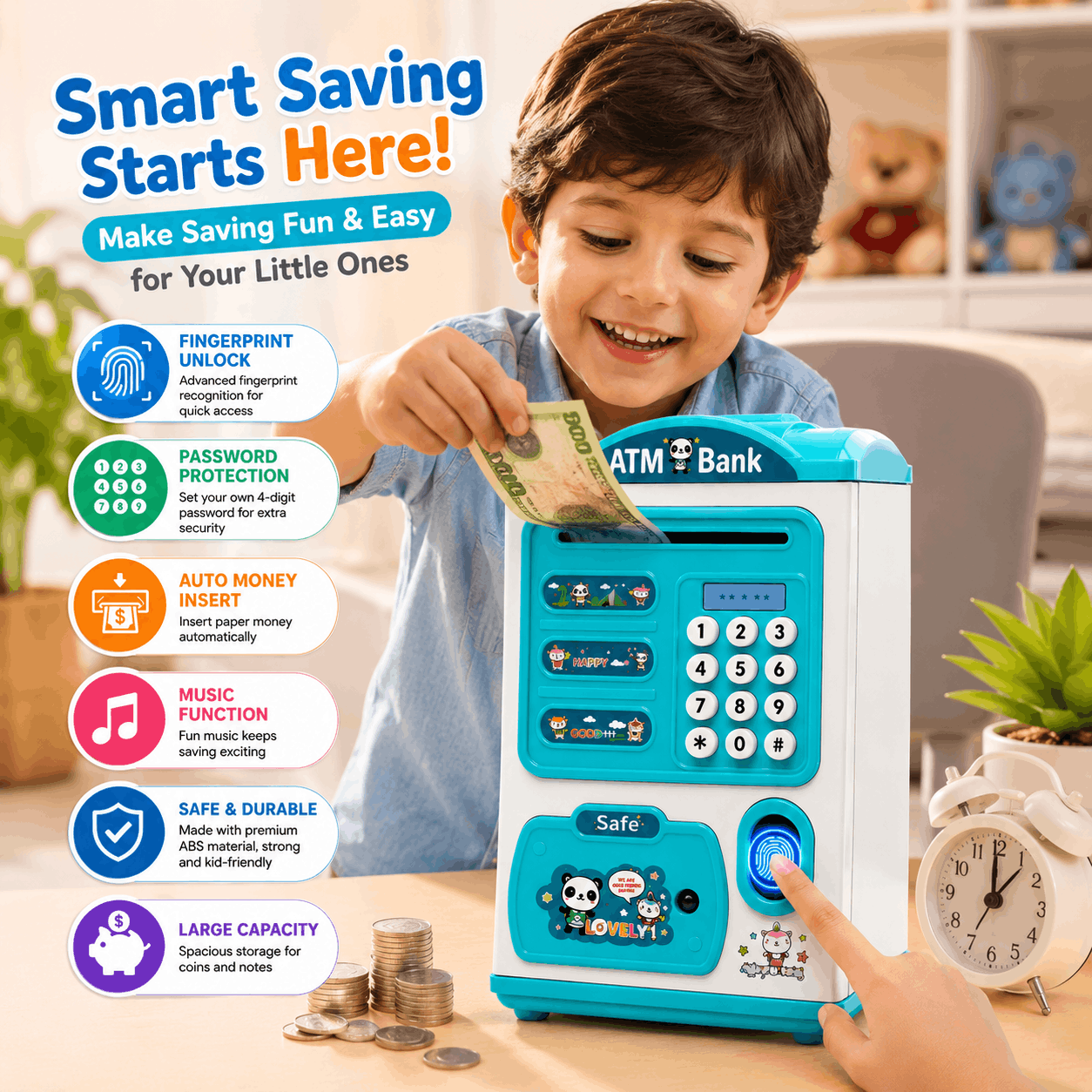 Electronic ATM Piggy Bank with Fingerprint and Keypad for Kids