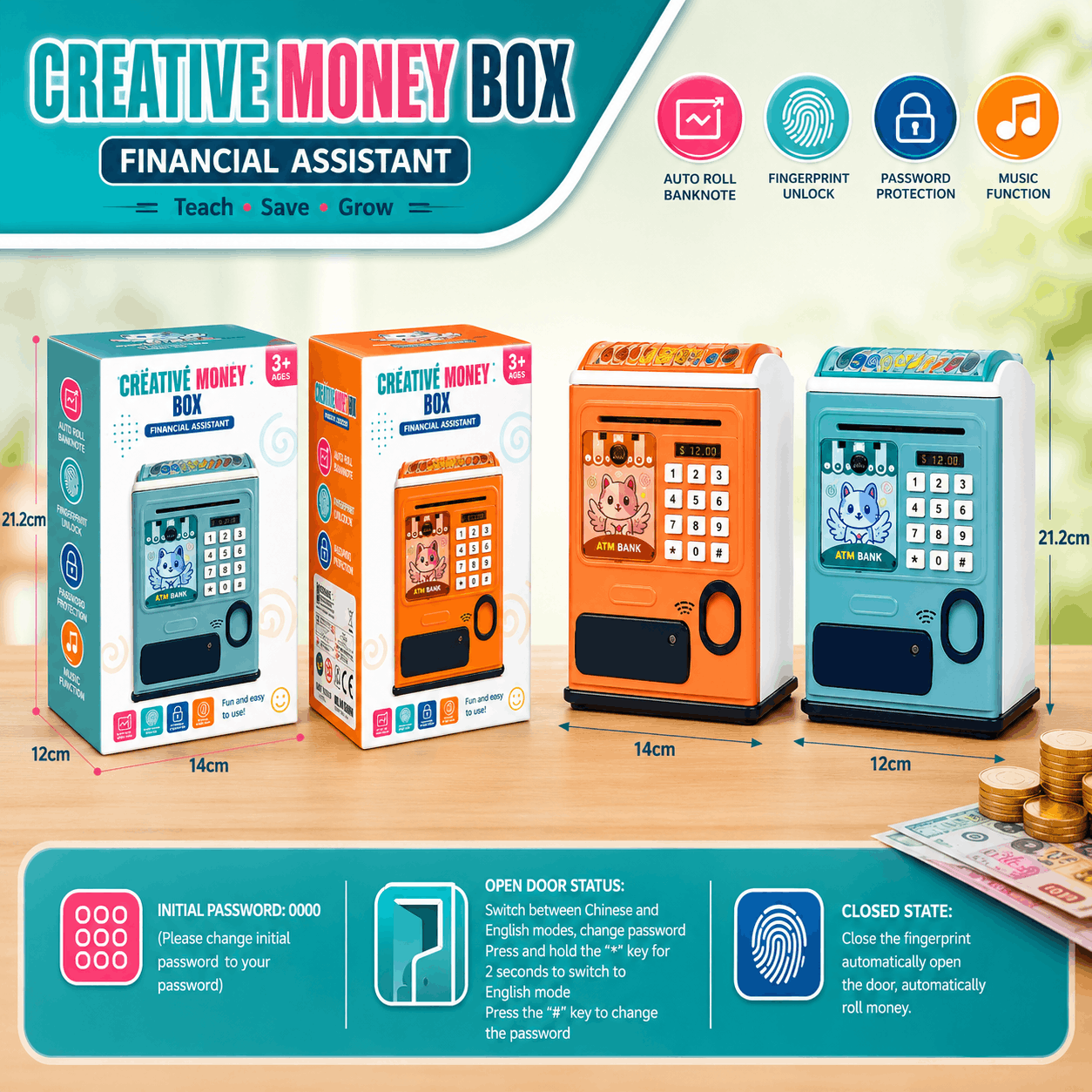 Electronic ATM Piggy Bank with Fingerprint and Keypad for Kids
