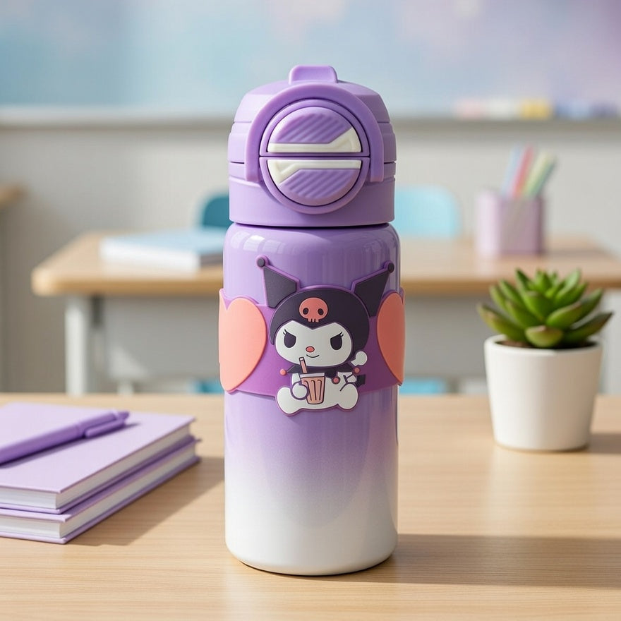 Gradient water bottle with cartoon character on a desk in a classroom setting