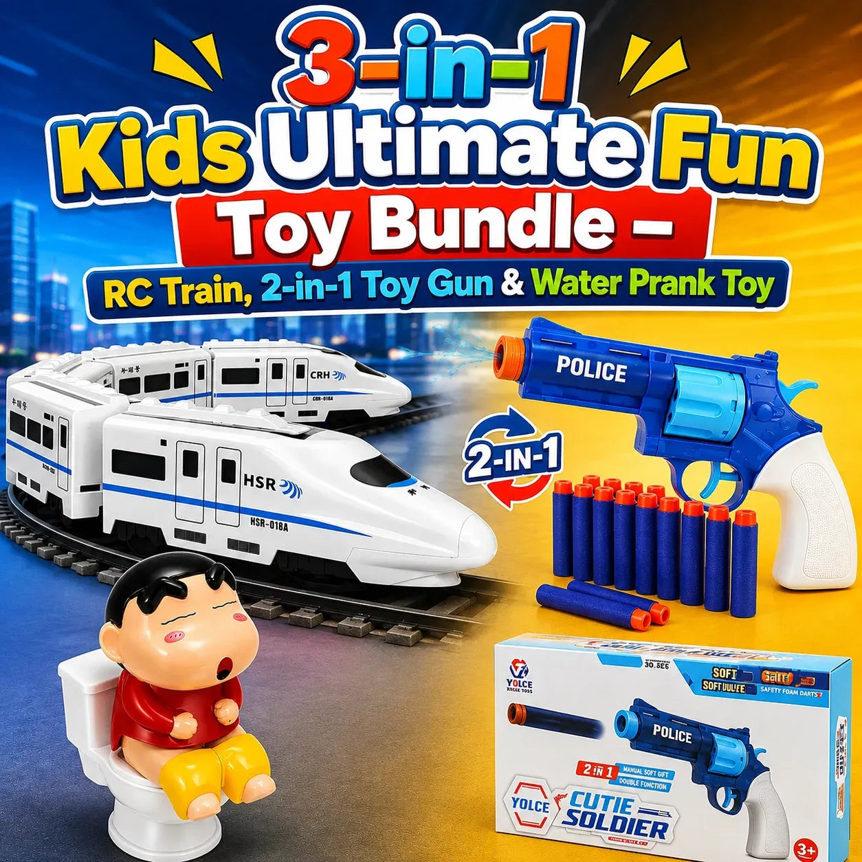 3-in-1 Kids Ultimate Fun Toy Bundle with RC Train Toy Gun and Water Prank Toy