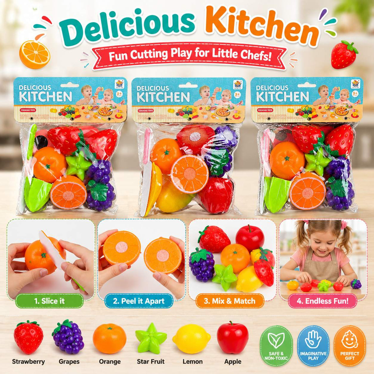 Food Cutting Play Set for Kids Pretend Fruit and Vegetable Cutting Toy