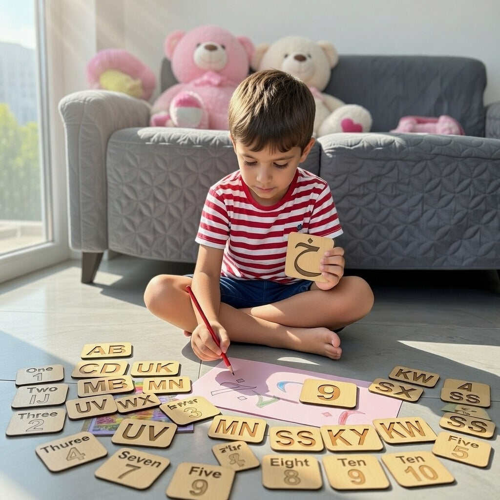 3-in-1 Wooden Kids Drawing Stencils & Puzzle Set – Urdu, English & Math