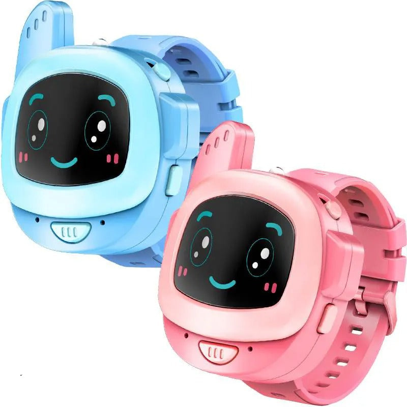 Two children's smartwatches, one blue and one pink, with cartoon face displays on a white background.