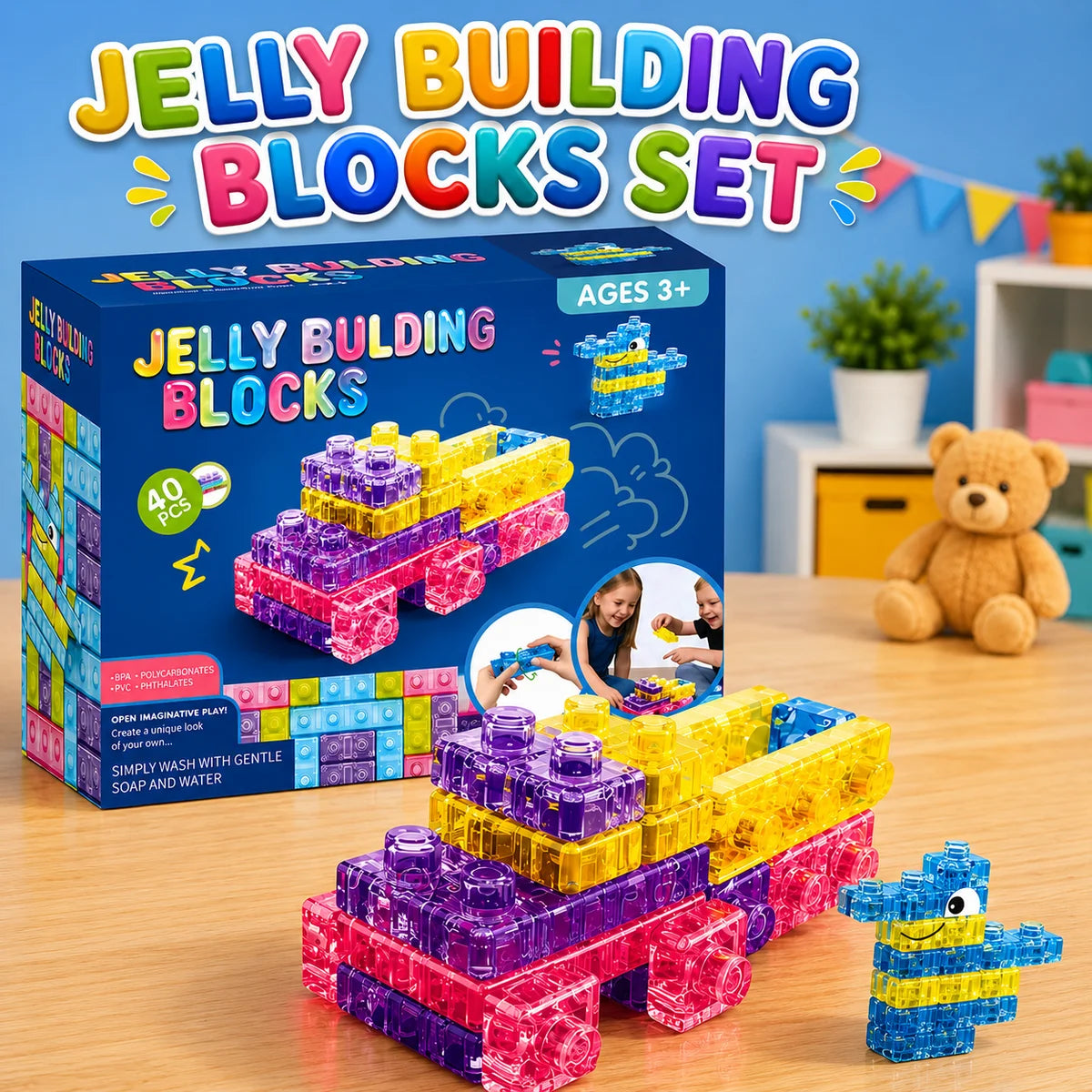 40PCS transparent jelly building blocks set colorful soft sensory construction toy for kids