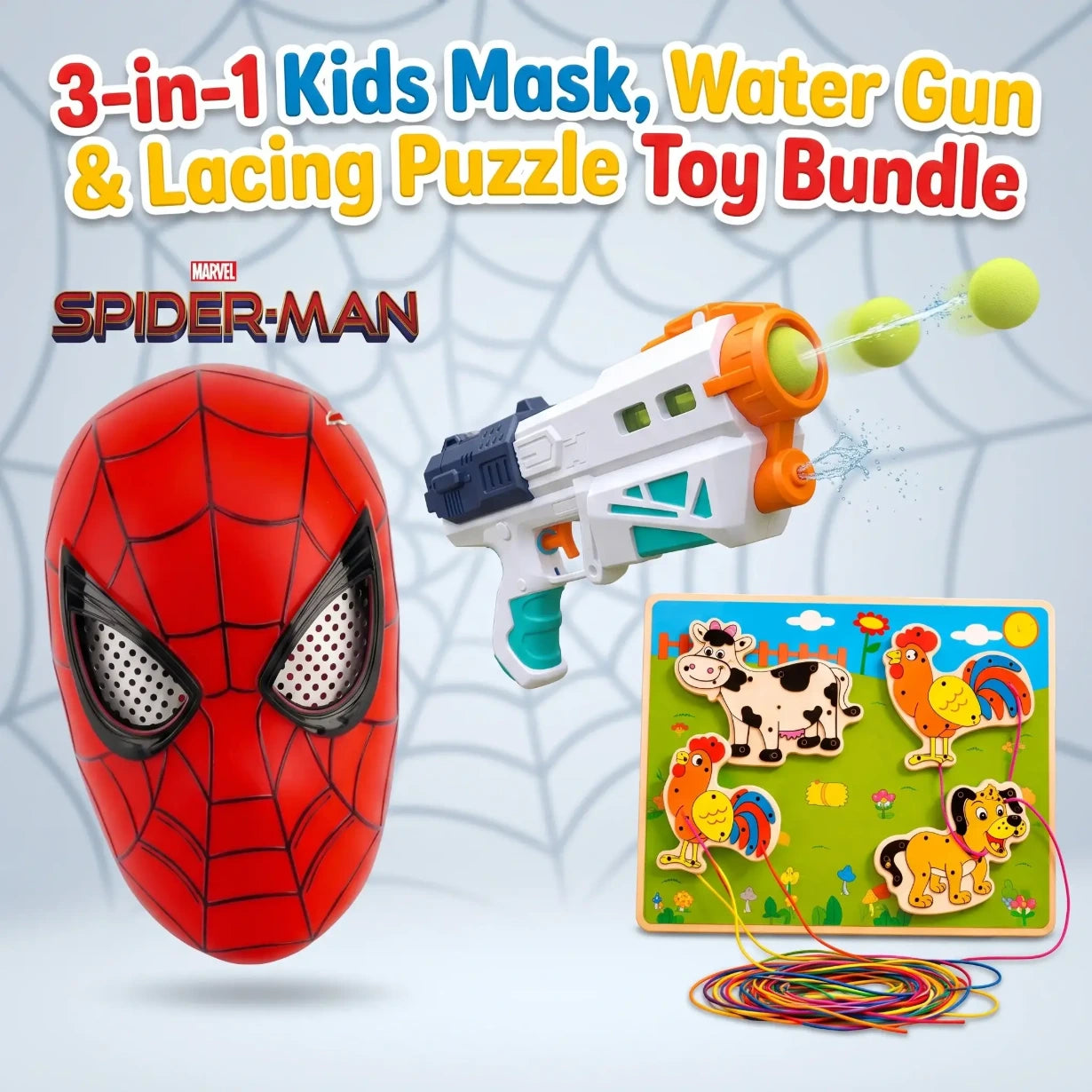 3-in-1 Kids Mask Water Gun and Animal Lacing Puzzle Toy Bundle
