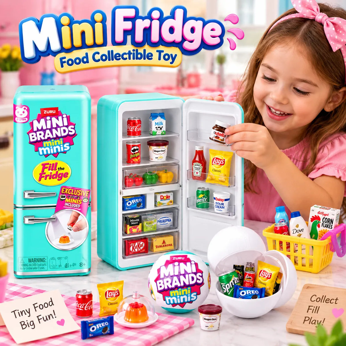 Mini Fridge Surprise Ball Food Collectible Toy with Miniature Food for Kids