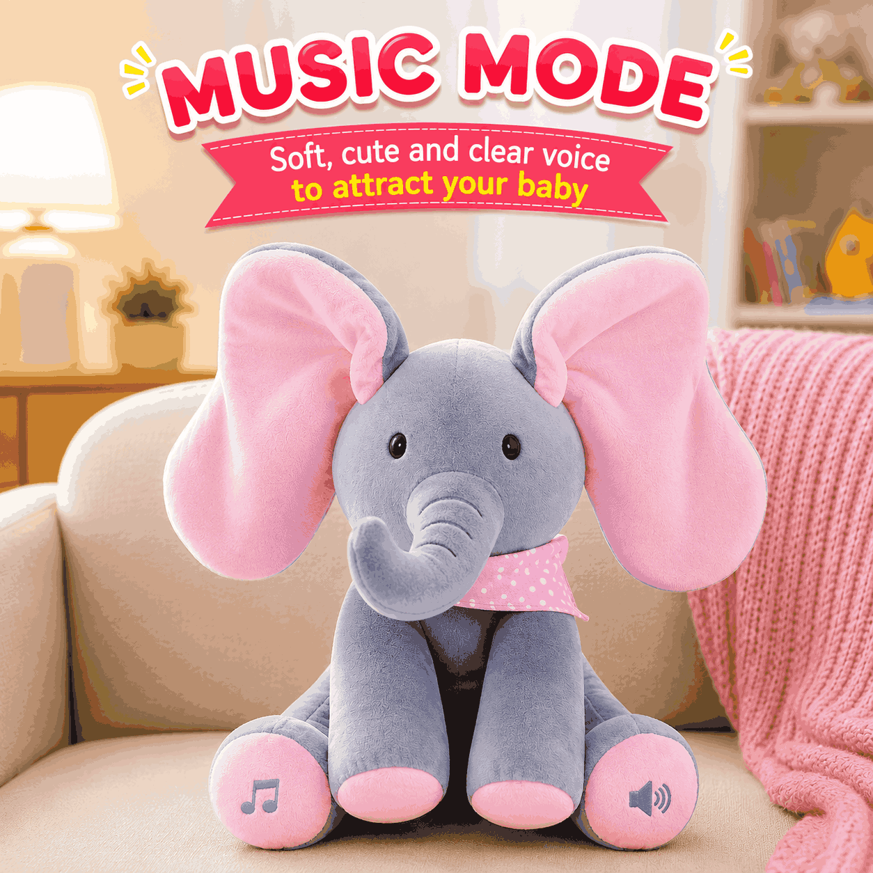 Musical Soft Peek-A-Boo Elephant Toy for Babies and Kids