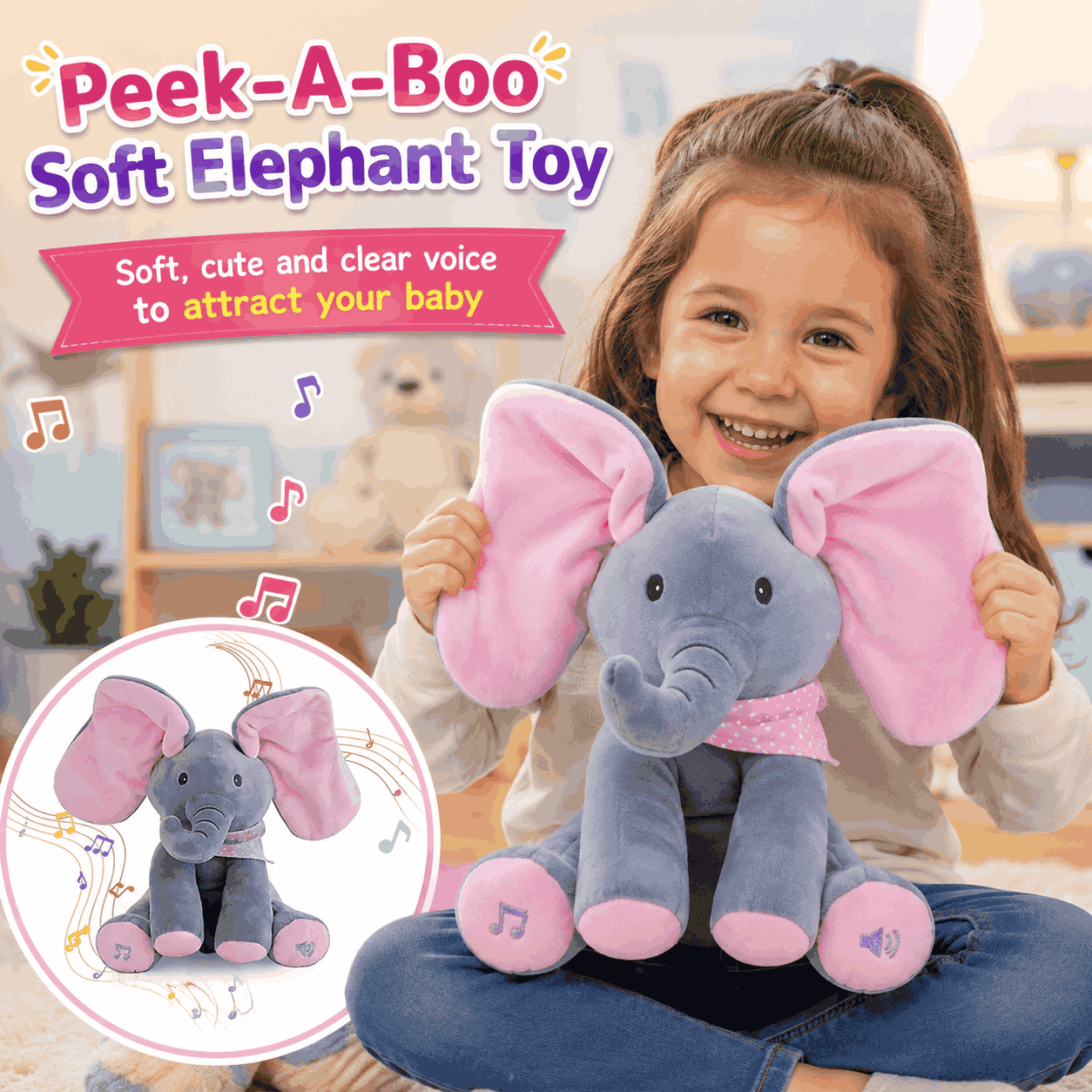 Musical Soft Peek-A-Boo Elephant Toy for Babies and Kids