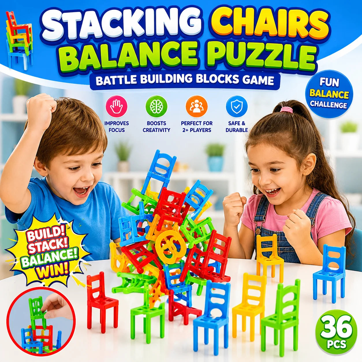 Chairs Balance Puzzle Battle Building Blocks Game - Toynix